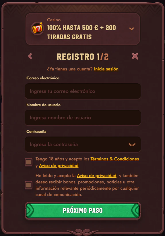 Creación de cuenta y acceso al perfil personal en 5 Gringos Casino