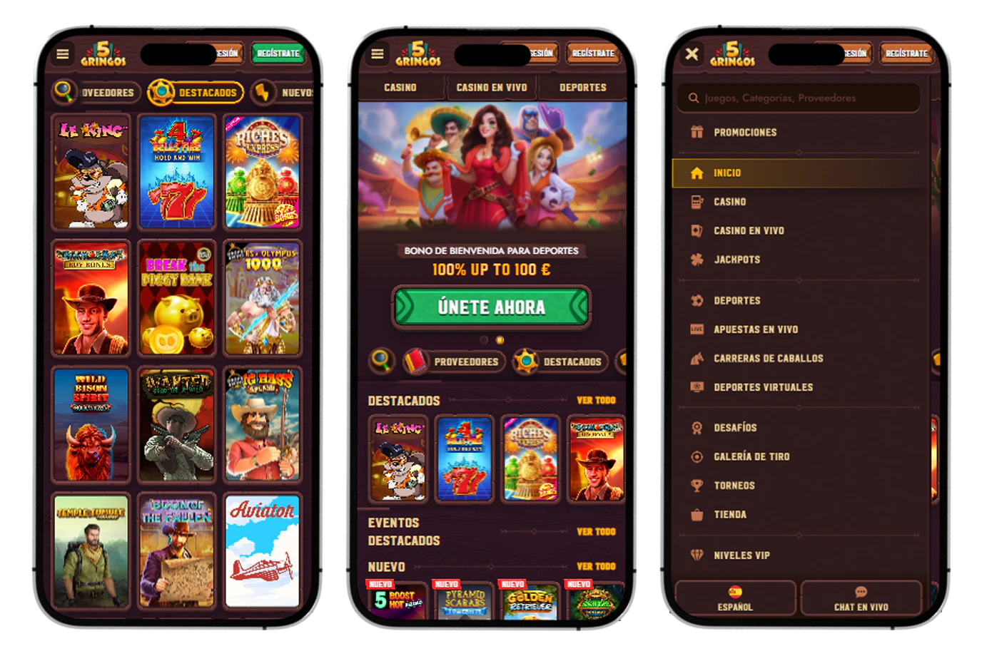 Versión móvil de 5 Gringos Casino adaptada para teléfonos y tablets